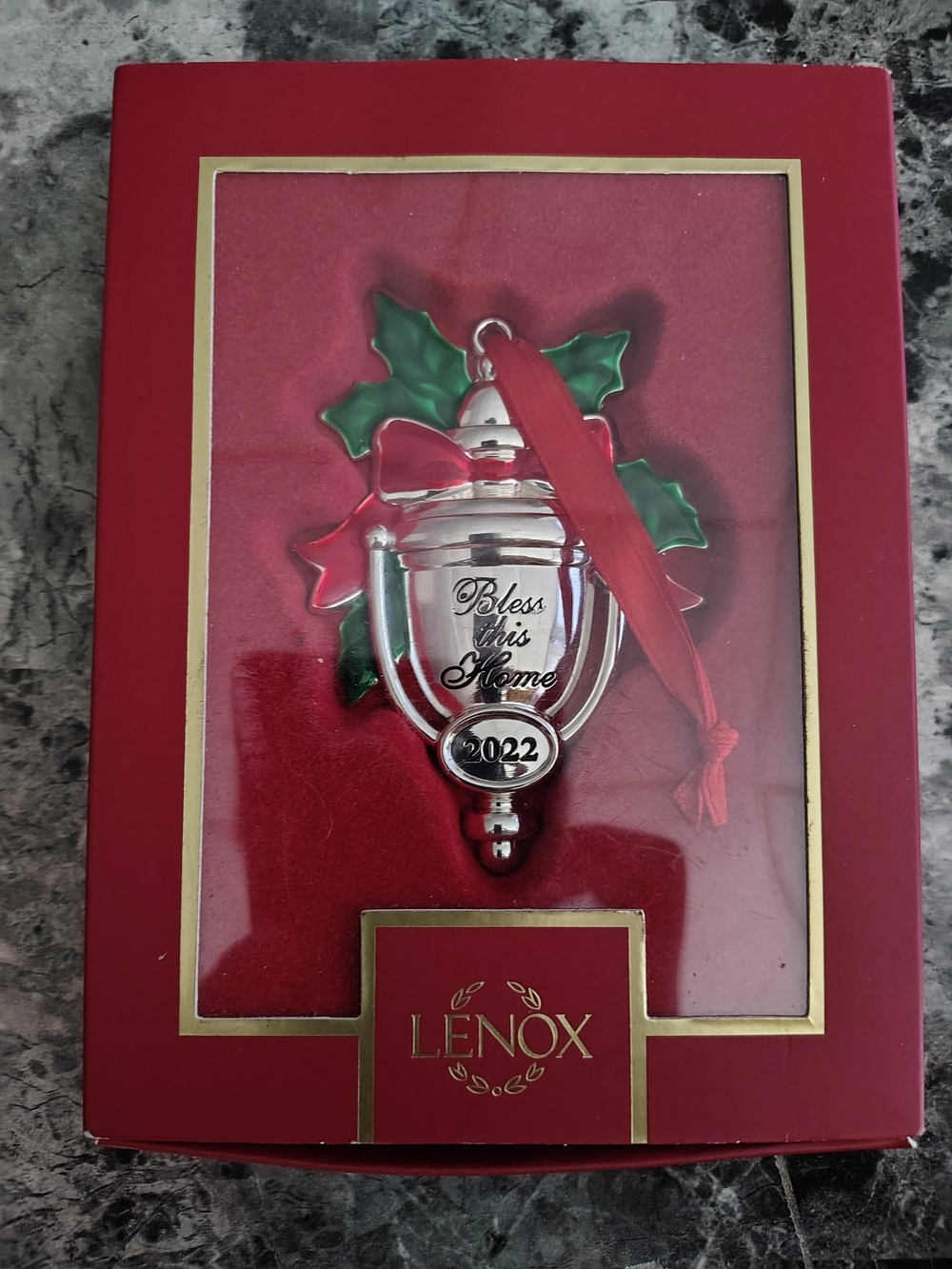 Lenox Silver Ornament with Red Ribbon & Green Holly Accents